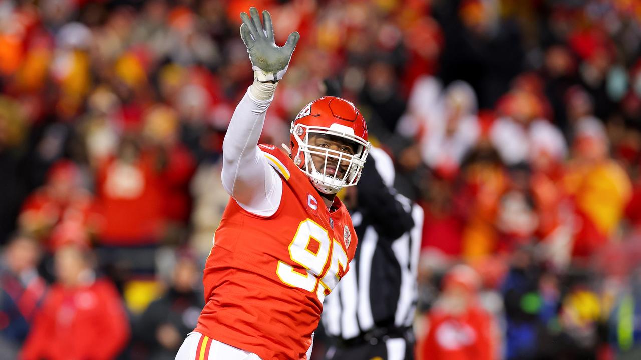 KANSAS CITY, MISSOURI - JANUARY 29: Chris Jones #95 of the Kansas City Chiefs reacts after sacking Joe Burrow #9 of the Cincinnati Bengals during the fourth quarter in the AFC Championship Game at GEHA Field at Arrowhead Stadium on January 29, 2023 in Kansas City, Missouri. (Photo by Kevin C. Cox/Getty Images)