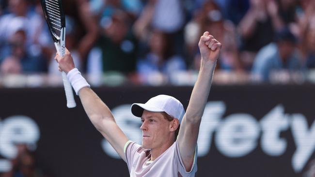 Jannik Sinner celebrates after victory against Novak Djokovic at Rod Laver Arena. Picture: Martin Keep/AFP