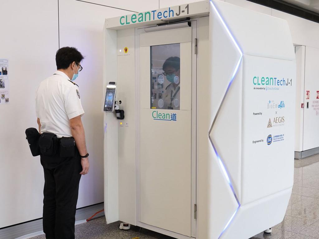 The airport is also trialling a service called CLeanTech, which is a full body disinfection facility. Picture: Airport Authority Hong Kong.