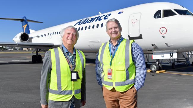 Sunshine Coast Airport has spread its wings to fly north for the first time ever, officially launching its inaugural Alliance Airlines service to Cairns. Pictured, Steve Padgett OAM, Co-Founder and Chair, Alliance Airlines and Sunshine Coast Airport CEO Andrew Brodie. Photo Patrick Woods / Sunshine Coast Daily.