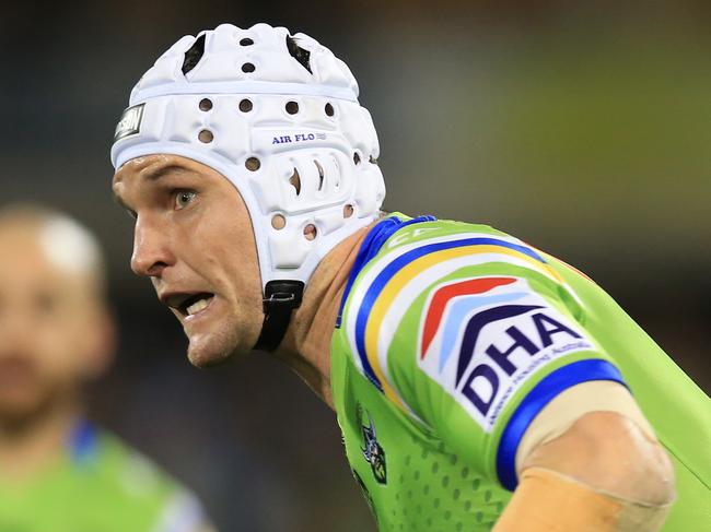 Jarrod Croker of the Raiders tackled by Jack Bird of the Sharks during the Canberra Raiders v Cronulla Sharks Qualifying final at GIO Stadium, Canberra. pic Mark Evans