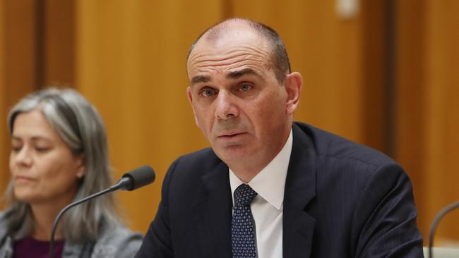 APRA Chairman Wayne Byres appearing at senate estimates at Parliament House in Canberra. Picture: Kym Smith.