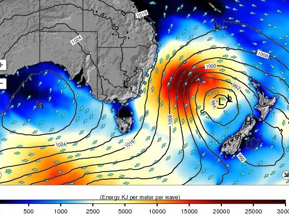 NSW Surf Map, the wave energy hitting southeast Australia. Picture: surf-forecast.com