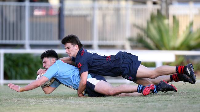 Titans Schools League rugby league clash between Aquinas (Red/Black) vs. Marymount (Blue) at Southport Tigers Rugby League Club. Henry Mellick scores a try. 24 May 2021 Southport Picture Richard Gosling