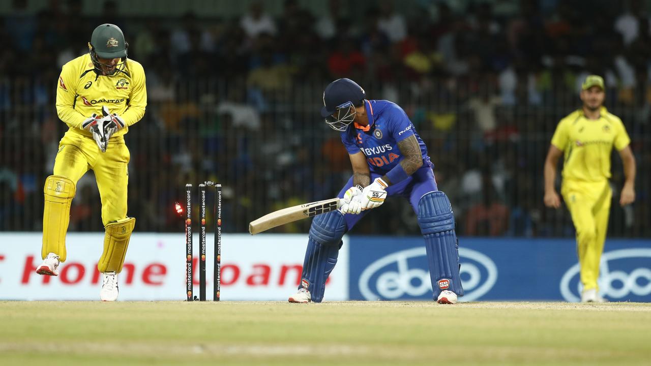 Suryakumar Yadav was one of Ashton Agar’s scalps. Picture: Pankaj Nangia/Getty Images