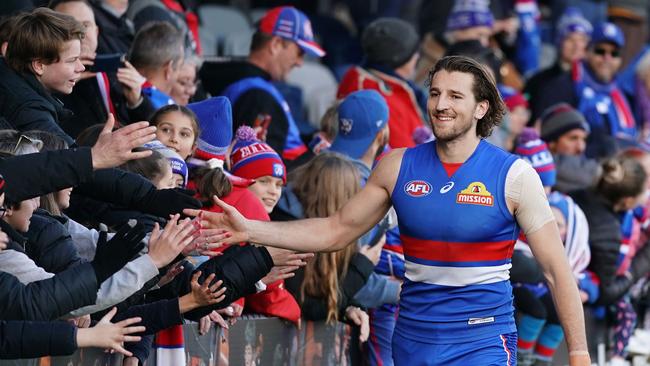 Marcus Bontempelli celebrates a win at Mars Stadium in Ballarat. Picture: AAP Image/Scott Barbour.