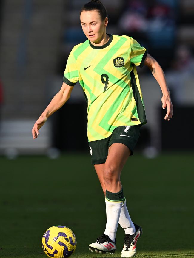 Caitlin Foord in the bright new Tillies kit. (Photo by Maria Lysaker/Getty Images)