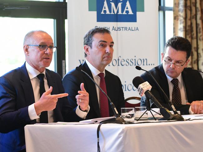 South Australian premier Jay Weatherill, leader of the opposition Steven Marshall and leader of SA Best party Nick Xenophon addresses questions at the AMA Political Leaders Breakfast at The Playford Adelaide hotel on Wednesday, November 8, 2017. Various South Australian political party leaders gather to discuss health and other key election promises ahead of the SA state election, which will take place on Sunday, March 18, 2018. (Image AAP/Mark Brake) NO ARCHIVING