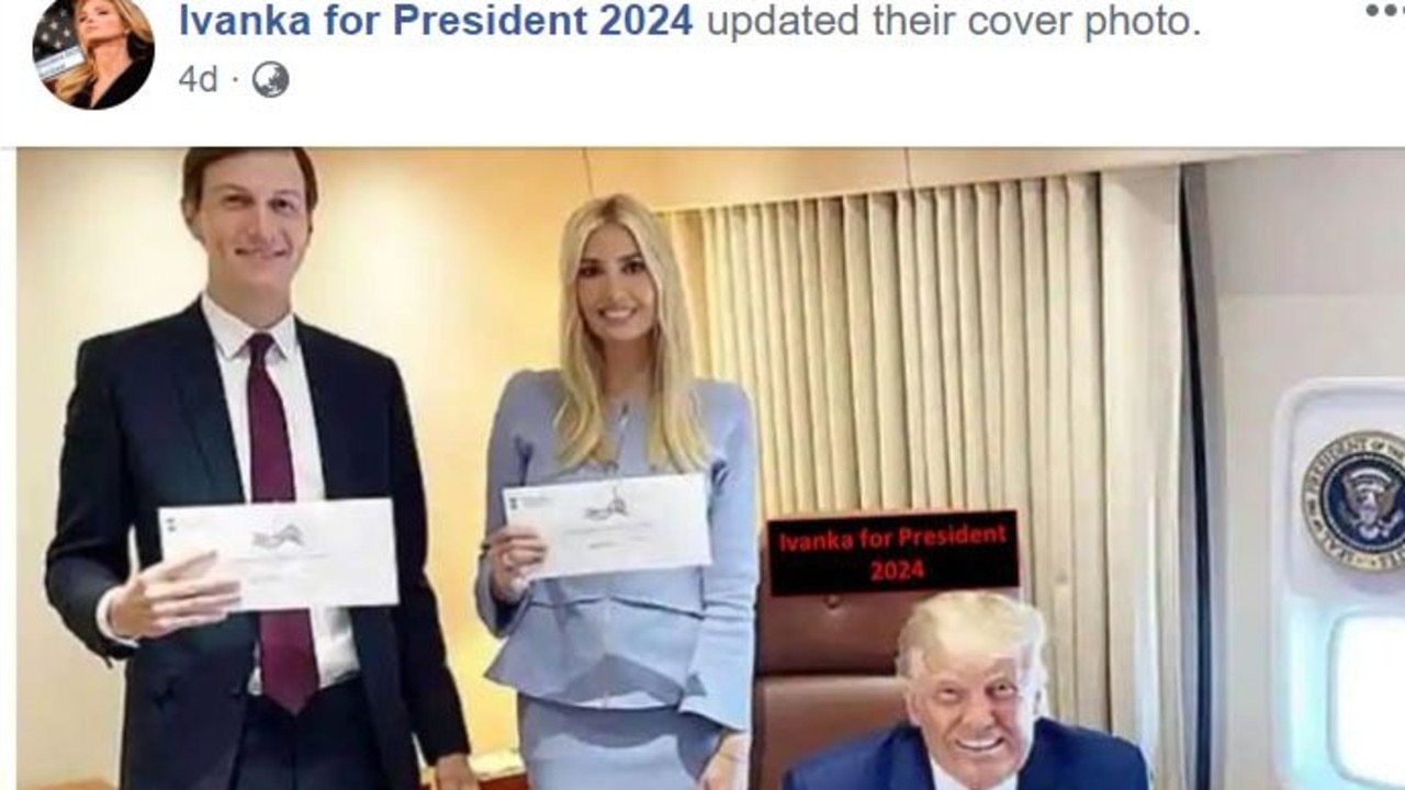 Ivanka Trump and husband Jared Kushner with Donald Trump in an image posted to the ‘Ivanka for President 2024’ Facebook page. Picture; Facebook
