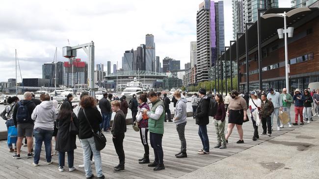 A large queue at Docklands in Melbourne for voting in the referendum to a Voice to Parliament. Picture: NCA NewsWire / David Crosling