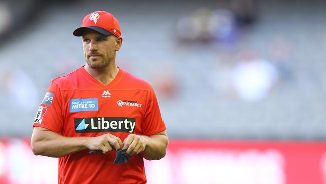 MELBOURNE, AUSTRALIA - JANUARY 20: Aaron Finch of the Renegades looks on prior to the Big Bash League match between the Melbourne Renegades and the Melbourne Stars at Marvel Stadium, on January 20, 2021, in Melbourne, Australia. (Photo by Robert Cianflone/Getty Images)