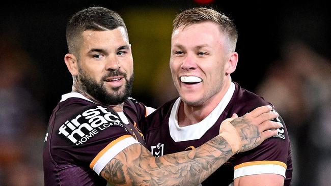 Adamn Reynolds and Billy Walters celebrate a try. Picture: Bradley Kanaris/Getty Images.