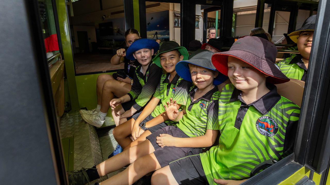 Students from Berry Springs Primary School eagerly took a trip on the Territory Wildlife Park's two new electric trains, February 7, 2025. Picture: Pema Tamang Pakhrin