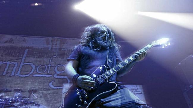 Lamb of God's Mark Moreton during the gig at the Brisbane Entertainment Centre. Picture: Asagai Images