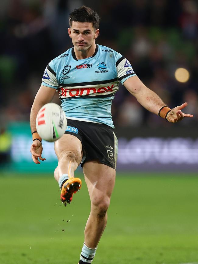 Daniel Atkinson of the Sharks in action against the Storm at AAMI Park. Picture: Graham Denholm/Getty Images.