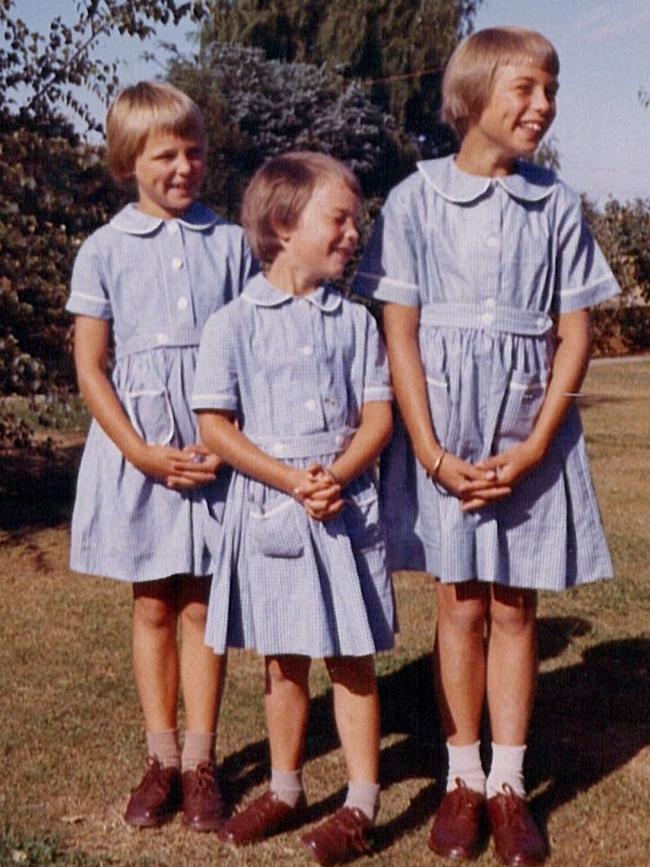 Jennifer Keyte (middle) with her sisters Linda (left) and Jill on her first day at school.