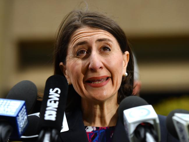 New South Wales Premier Gladys Berejiklian is seen during a press conference announcing the introduction of amnesty bins at music festivals where people can dispose of drugs without penalty at NSW Parliament House in Sydney, Wednesday, December 11, 2019. (AAP Image/Mick Tsikas) NO ARCHIVING