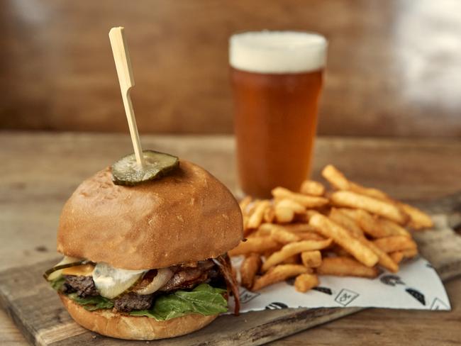 Modus Brewing’s hamburger and beer. Picture: Supplied