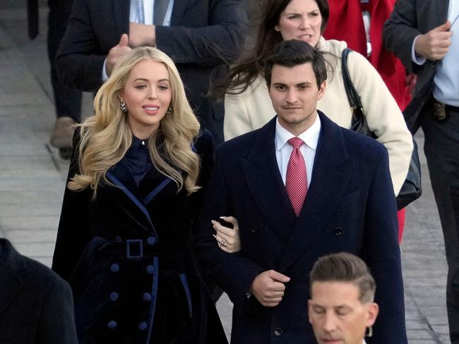 Tiffany Trump and her husband Michael Boulos depart at the end of inaugural ceremonies at the US Capitol on January 20, 2025 in Washington, DC.