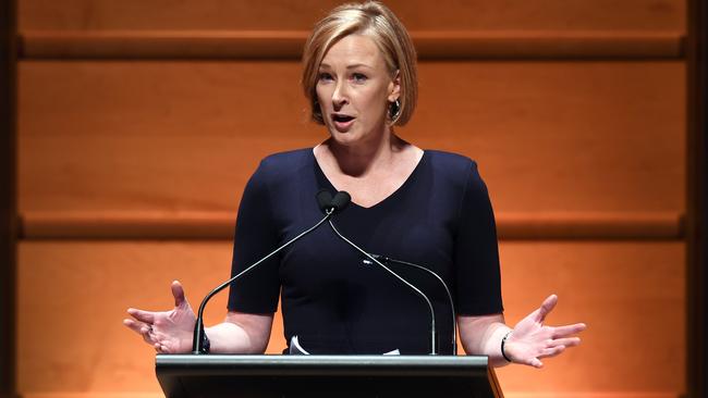 **FILE**   A Monday, June 5, 2017 file photo of Journalist Leigh Sales at a memorial service of veteran journalist Mark Colvin in Sydney. ABC's Leigh Sales has been named in the 2019 Queen's Birthday Honours List, Monday, June 10, 2019. (AAP Image/Paul Miller) NO ARCHIVING