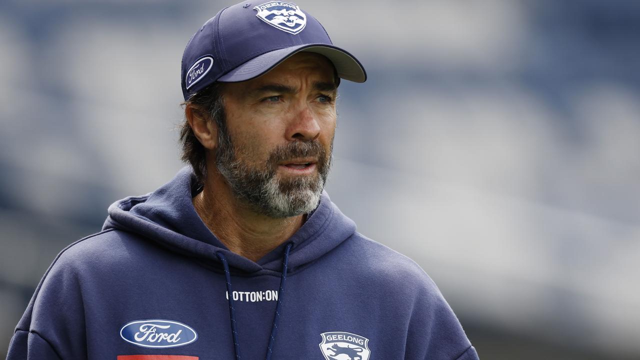 NCA. MELBOURNE, AUSTRALIA. September 16 , 2024. Geelong training at GMNBA Stadium, Geelong. Chris Scott, Senior Coach of the Cats and Andrew Mackie walk laps during todays session . Pic: Michael Klein