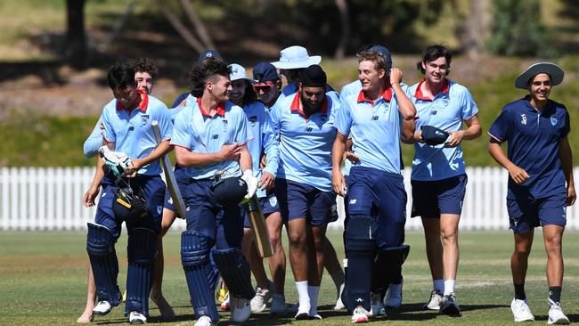 NSW Metro players celebrate after winning the grand final at Karen Rolton Oval 22 December, 2022, Cricket Australia U19 Male National Championships 2022-23.Picture: Cricket Australia.