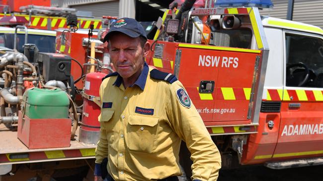 Tony Abbott at the Adaminaby Rural Fire Service station. Picture: AAP.