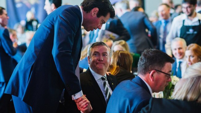 Eddie McGuire, with Victorian Premier Daniel Andrews and AFL boss Gillon McLachlan, on grand final day in 2018. Picture: AFL Media