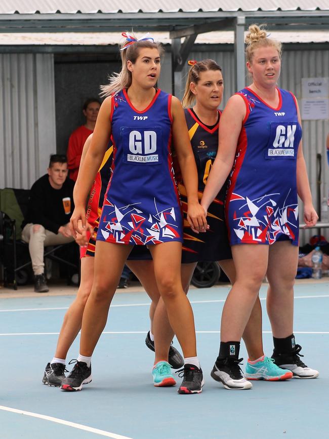 Jindera goal defence Sarah Krause, left. Picture: Supplied