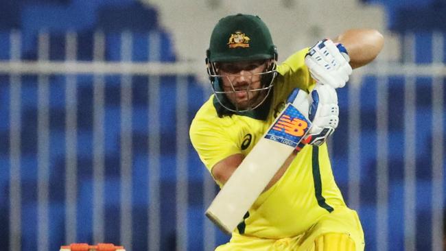 Australian cricketer Aaron Finch plays a shot during the second one day international (ODI) cricket match between Pakistan and Australia in Sharjah, in the United Arab Emirates on March 24, 2019. (Photo by KARIM SAHIB / AFP)