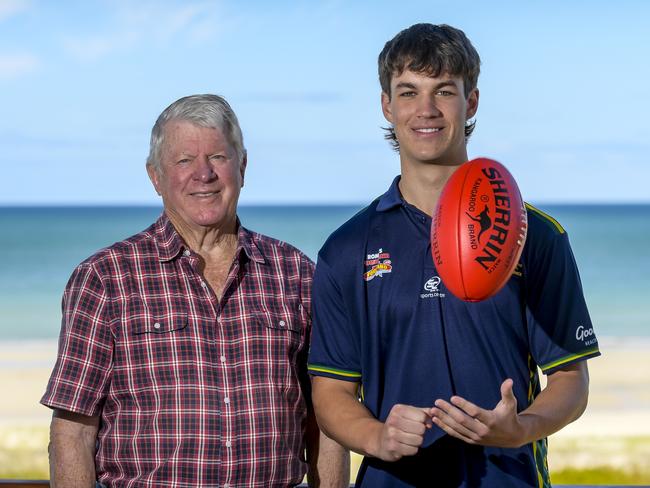 Former AFL chief executive Wayne Jackson with his grandson, Woodville-West Torrens draft prospect Charlie West. Picture: RoyVPhotography