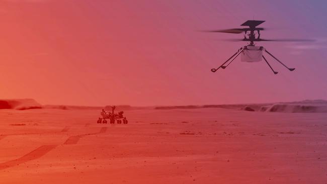 An illustration of NASA’s Ingenuity Helicopter flying on Mars. Picture: Handout/NASA/JPL-Caltech/MSSS/AFP