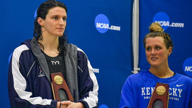 ATLANTA, GA - MARCH 18:  University of Pennsylvania swimmer Lia Thomas and Kentucky swimmer Riley Gaines react after finishing tied for 5th in the 200 Freestyle finals at the NCAA Swimming and Diving Championships on March 18th, 2022 at the McAuley Aquatic Center in Atlanta Georgia.  (Photo by Rich von Biberstein/Icon Sportswire via Getty Images)