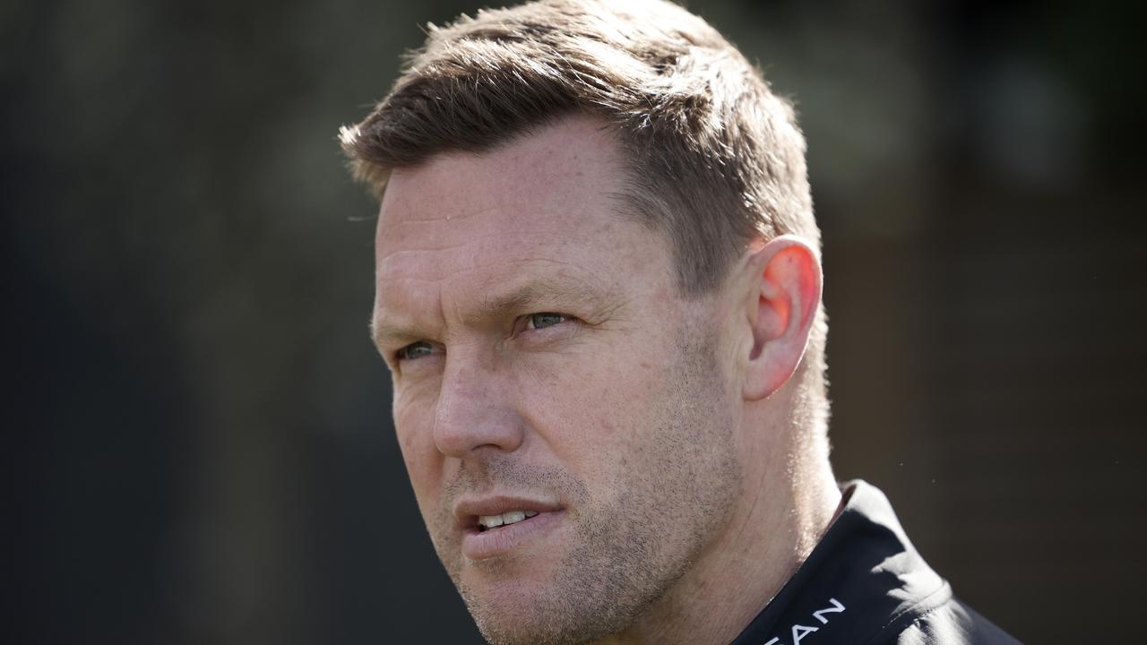 MELBOURNE, AUSTRALIA - SEPTEMBER 04: Sam Mitchell, Senior Coach of the Hawks speaks to media during a Hawthorn Hawks AFL training session at Waverley Park on September 04, 2024 in Melbourne, Australia. (Photo by Daniel Pockett/Getty Images)