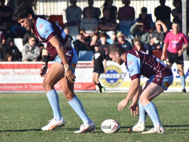 CQ Capras players Larson Dale-Doyle and Trey Brown in the team's 18-14 win over Souths Logan.