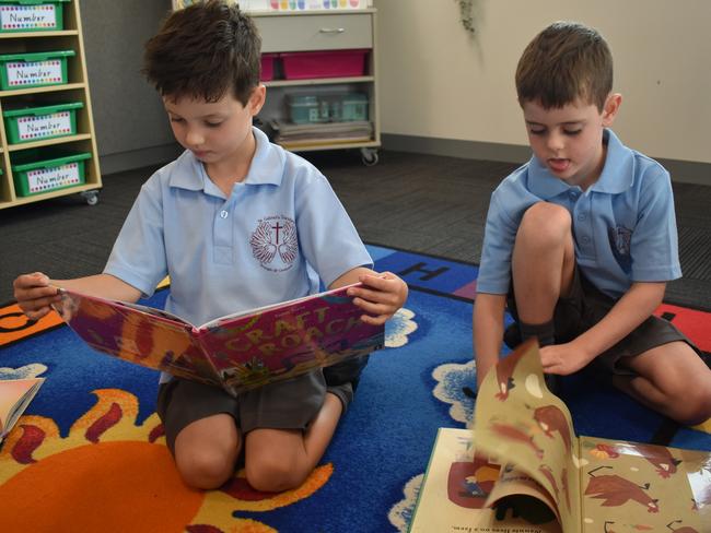 Kai Clark and Charlie Stoddart on their first day at St Gabriel's Primary School, Traralgon on January 30, 2025. Picture: Jack Colantuono