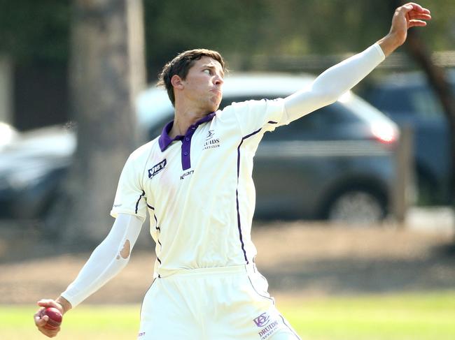 Micky Hay of Druids bowling during VTCA grand final: Druids v Airport West St Christophers on Saturday, March 16, 2019, in West Footscray, Victoria, Australia. Picture: Hamish Blair