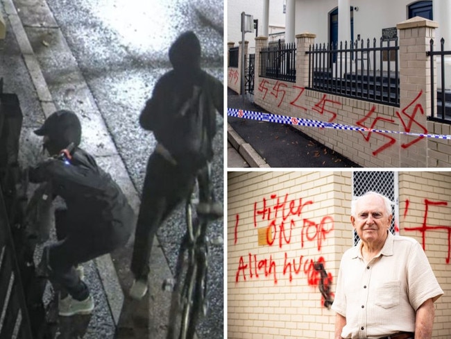 Clockwise from left: Images of men wanted over the Synagogue attacks; the Newtown Synagogue; Southern Sydney Synagogue president George Foster.