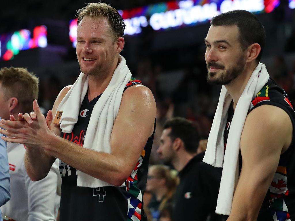 Brad Newley with Chris Goulding after United’s win over the Adelaide 36ers. Picture: Getty Images