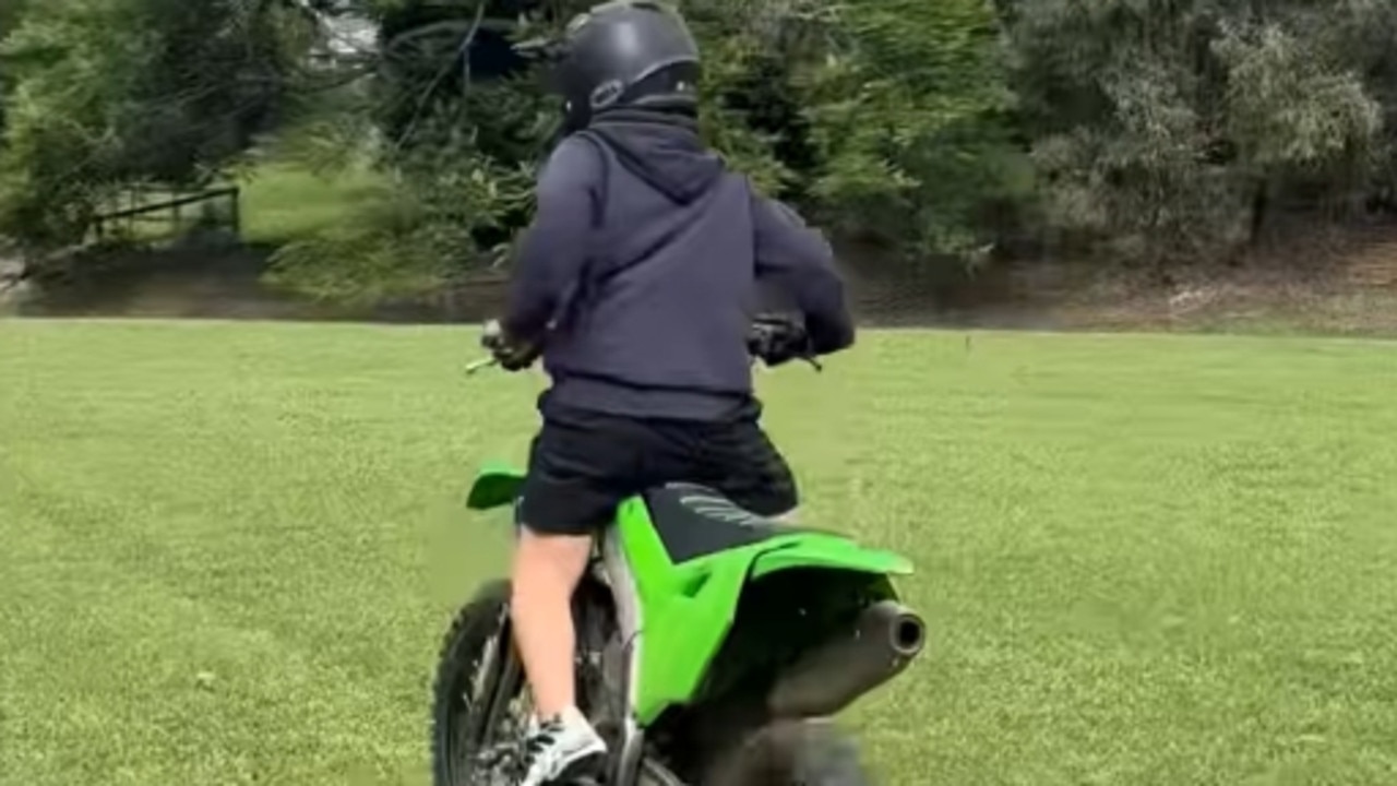 Teenagers on bikes and scooters terrorising park users at Mudgeeraba in the Gold Coast hinterland. The bike was later identified as a “dirt bike”.