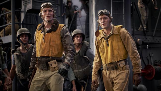 Ed Skrein and Luke Kleintank in a scene from the WW2 movie Midway.