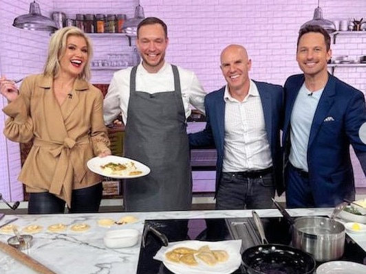 Danish-born chef Kasper Christensen (second from left) on the set of Channel 10's morning television program, Studio 10, for a cooking segment. Picture: Supplied