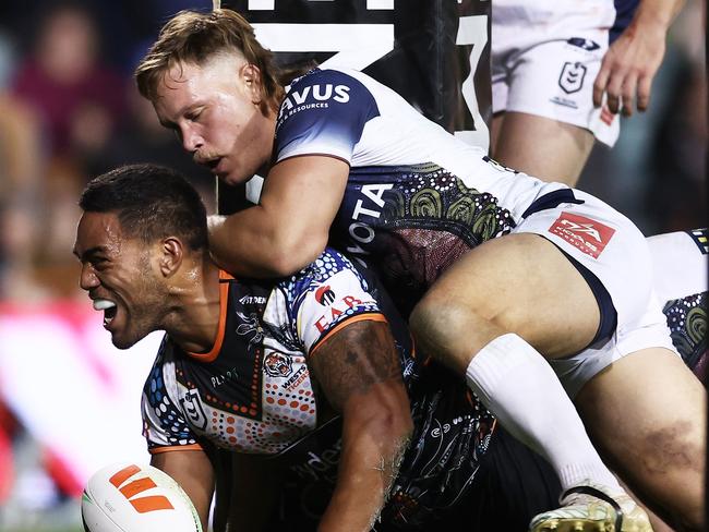 SYDNEY, AUSTRALIA - MAY 20:  Joe Ofahengaue of the Tigers celebrates scoring a try during the round 12 NRL match between Wests Tigers and North Queensland Cowboys at Leichhardt Oval on May 20, 2023 in Sydney, Australia. (Photo by Matt King/Getty Images)