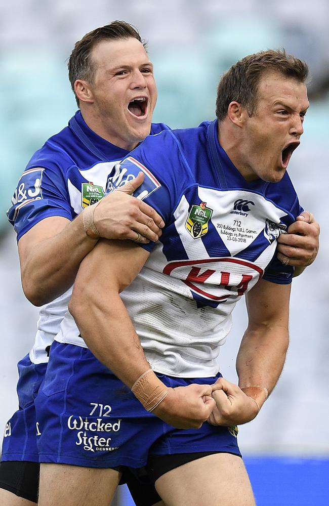 Josh Morris and Brett Morris during their time together at Canterbury-Bankstown. (AAP Image/Dan Himbrechts) 