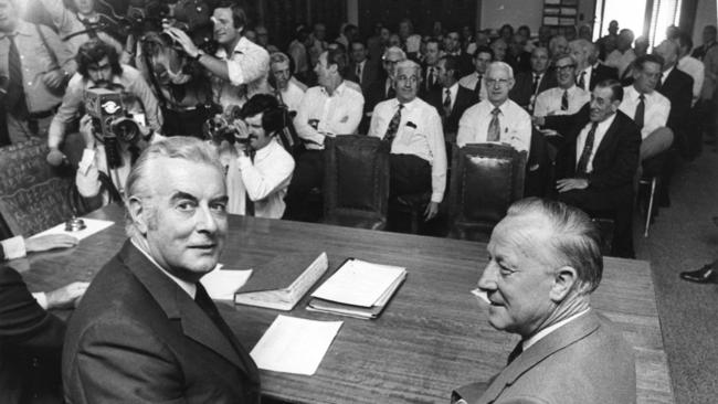 Prime Minister Gough Whitlam and his deputy, Lance Barnard, at the caucus meeting in Canberra in 1972.