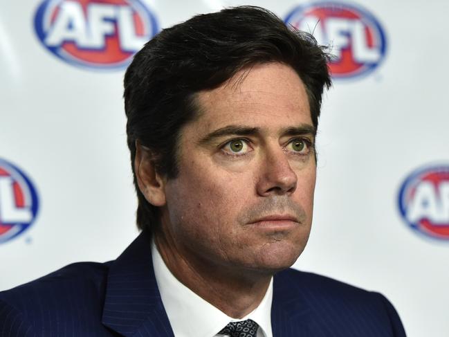 AFL CEO Gillon McLachlan speaks to the media at AFL House in Melbourne, Tuesday, Jan.12 2016. WADA today found 34 past and present Essendon AFL players guilty of using performance enhancing drugs. (AAP Image/Julian Smith) NO ARCHIVING