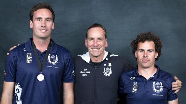 Southern Football League 2019 Mail Medallist Nick Mott with father Jerry Mott and brother Tom Mott. The Noarlunga forward won a second straight league best and fairest. Picture: Supplied.