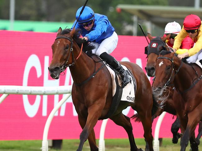 SYDNEY, AUSTRALIA - MARCH 16: Tom Marquand riding Zardozi   wins Race 7 Chandon Phar Lap Stakes during "Chandon Ladies Day" - Sydney Racing at Rosehill Gardens on March 16, 2024 in Sydney, Australia. (Photo by Jeremy Ng/Getty Images)