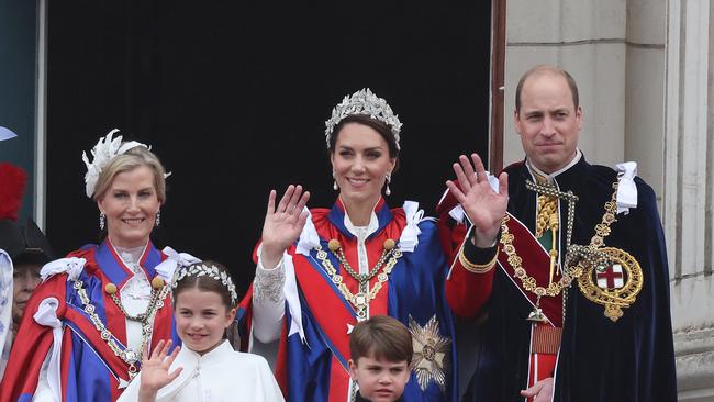 Sophie, Princess Charlotte of Wales, Princess Catherine, Prince Louis, Prince William, Prince of Wales on Buckingham Palace balcony during the Coronation of King Charles III and Queen Camilla on May 6, 2023. Picture: Neil Mockford/Getty Images