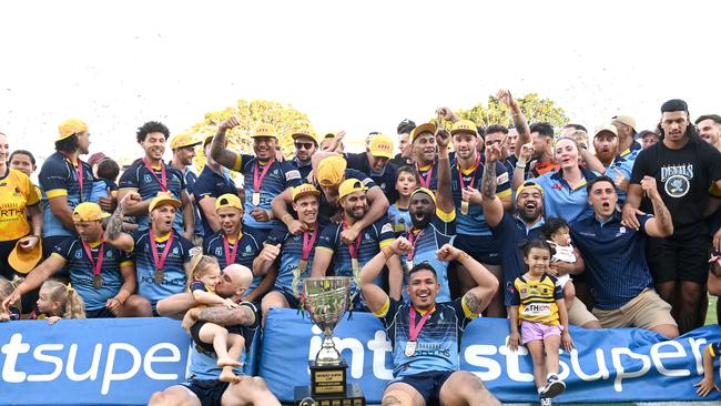 BRISBANE, AUSTRALIA - OCTOBER 10: The Devils players celebrate victory after the 2021 QRL Intrust Super Cup Grand Final match between the Norths Devils and the Wynnum-Manly Seagulls at Moreton Daily Stadium on October 10, 2021, in Brisbane, Australia. (Photo by Bradley Kanaris/Getty Images)